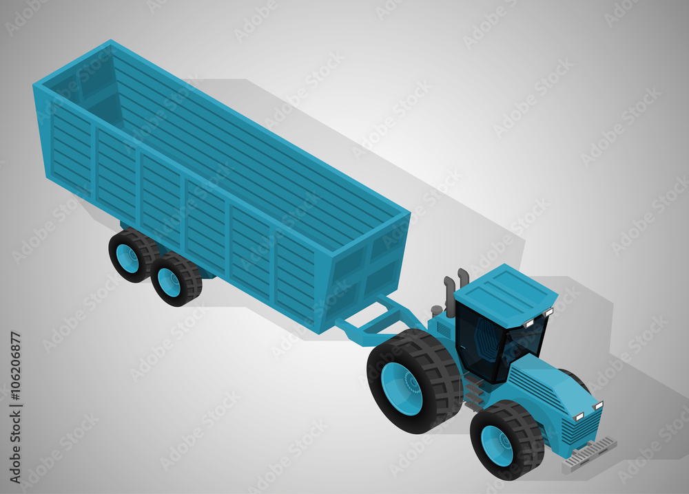 Vector isometric illustration of a farm tractor with a trailer ...