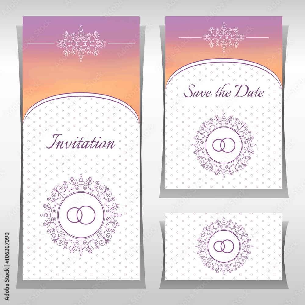 Set of wedding invitation templates with elegant ornament elements. Wedding invitation templates with wedding rings and flourishes calligraphic pattern in classic style. Set of wedding invitation templates with elegant ornament elements. Wedding invitation templates with wedding rings and flourishes calligraphic pattern in classic style.