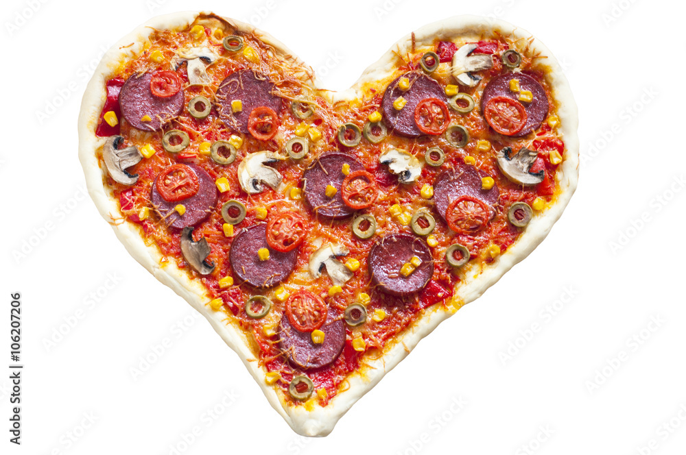 Pizza heart shaped with pepperoni, isolated on white background Pizza heart shaped with pepperoni, isolated on white background