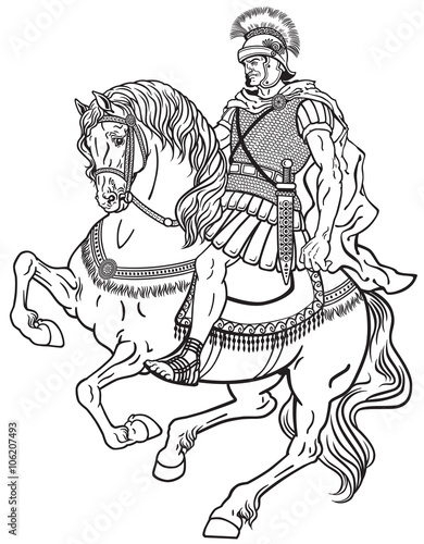 roman warrior riding the horse. Black and white illustration
