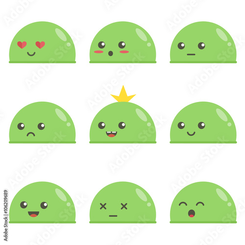 Set of cute green slimes. Game characters. Different facial expressions.