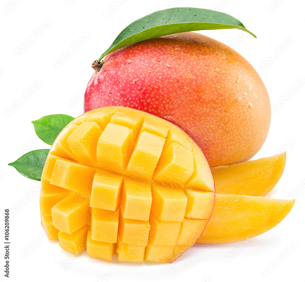 Mango fruit and mango cubes. Isolated on a white background. Mango fruit and mango cubes. Isolated on a white background.