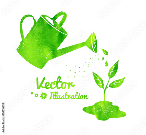 Watering can and growing sprout.