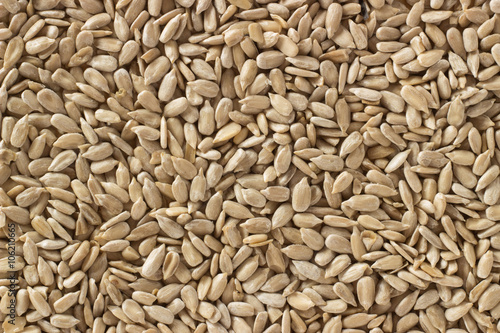 Macro background of sunflower seeds and wooden spoon