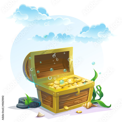 Chest of gold in the sand under the blue clouds