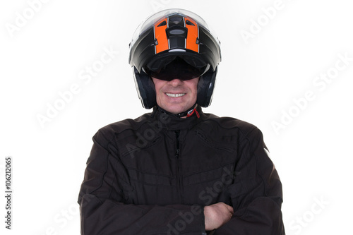 Portrait of confident man wearing  jacket and helmet against white  background. © OceanProd