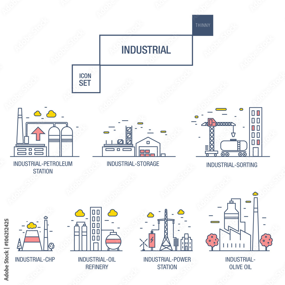 big industrial icon set with design elements gas, olive, clean, tower, hydro, train, airport, sorting, gravel in realistic thin linear style big industrial icon set with design elements gas, olive, clean, tower, hydro, train, airport, sorting, gravel in realistic thin linear style