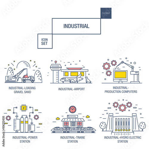 big industrial icon set with design elements gas, olive, clean, tower, hydro, train, airport, sorting, gravel in realistic thin linear style © wvihr