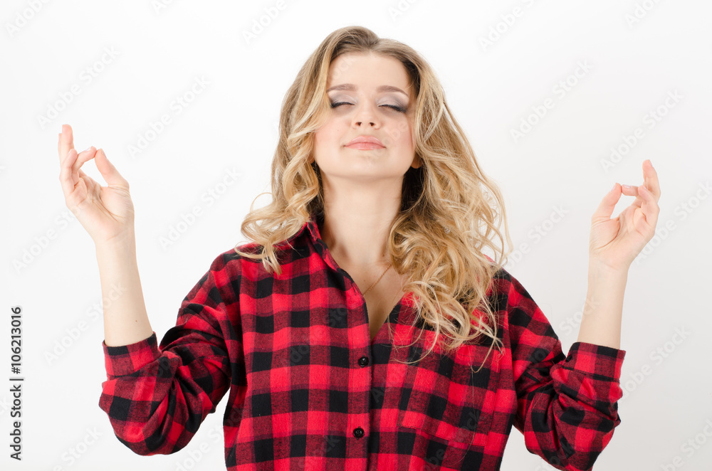 Beautiful woman do meditation on white background Beautiful woman do meditation on white background