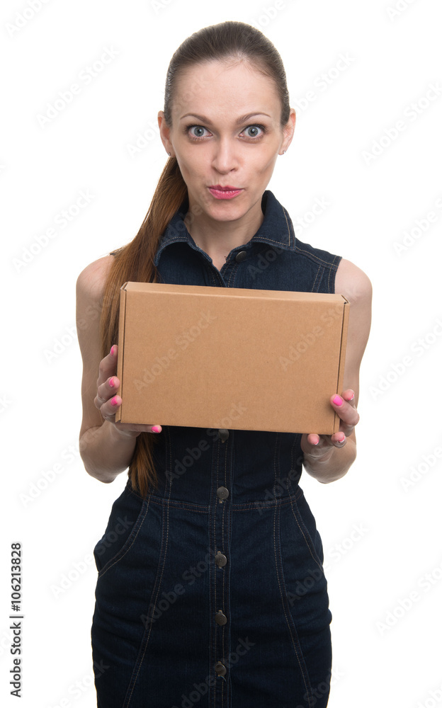 attractive woman with parcel. Isolated attractive woman with parcel. Isolated