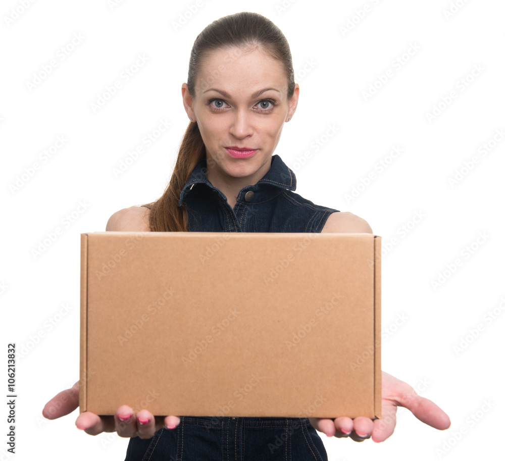 attractive business woman with cardboard box