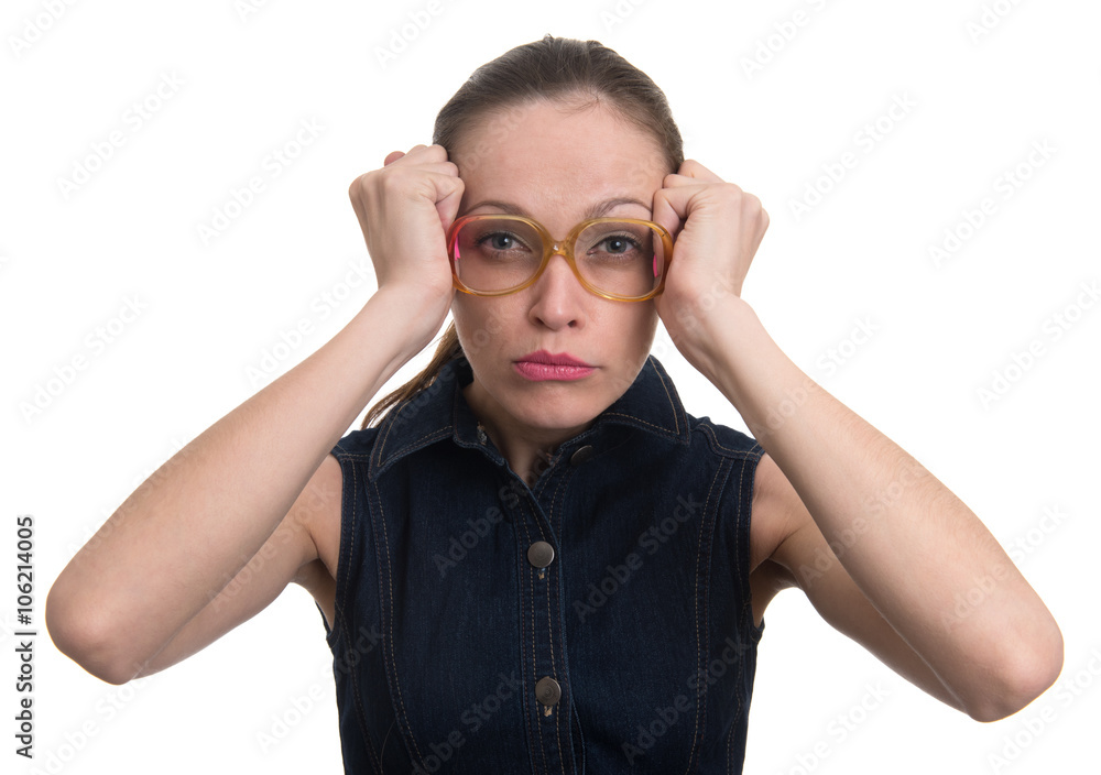 thinking woman with nerd glasses thinking woman with nerd glasses