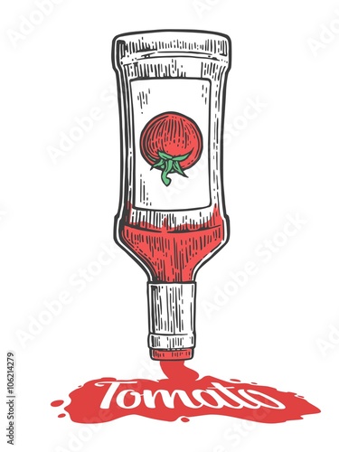 Ketchup flows from a bottle. Vector vintage engraved illustration.