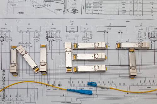  Electric gigabit sfp modules for network switch on the blueprint of  communication equipment  are as NET title photo