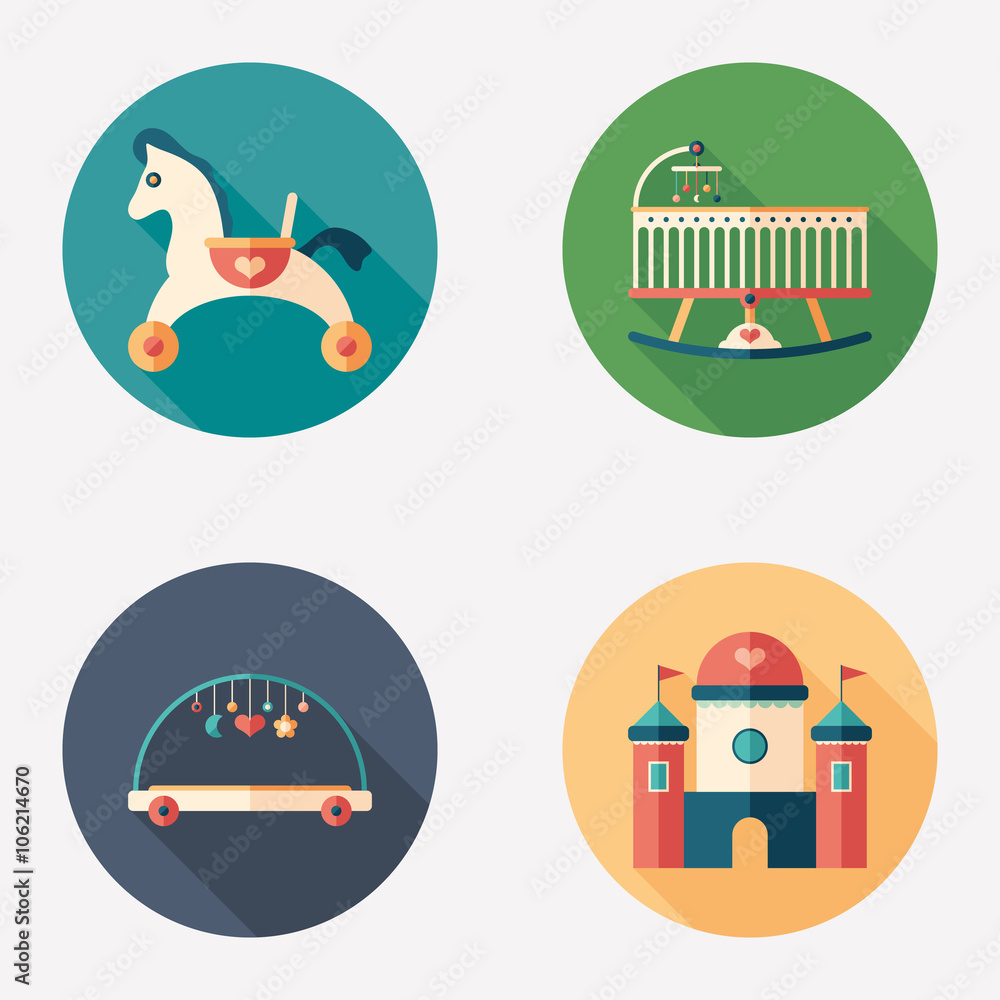 Baby toys and recreation flat round icon set.