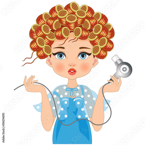Woman in Blue with Curlers on White Background