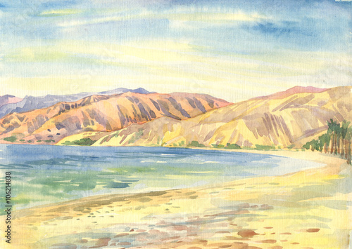 sea, beach, mountains. Landscape. Watercolor painting 