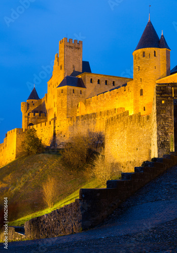  fortified city in evening time. Carcassonne, France