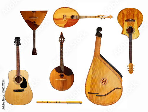 Collage of musical instruments isolated on white