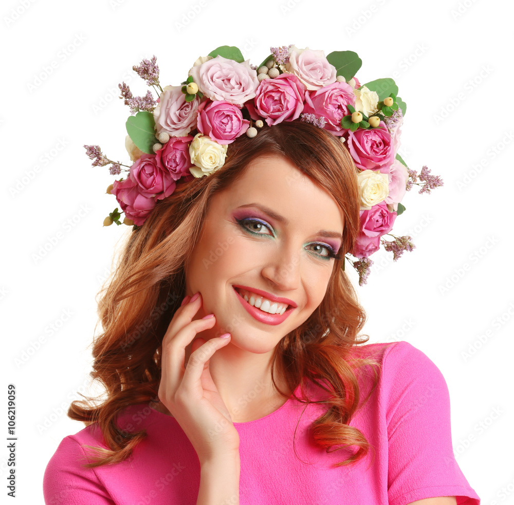 Beautiful young woman wearing floral headband isolated on white background Beautiful young woman wearing floral headband isolated on white background