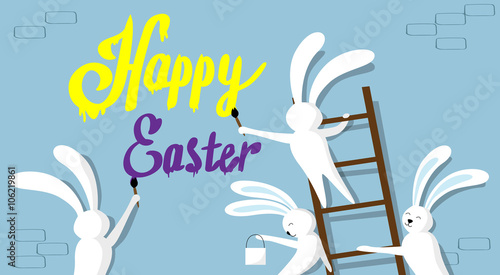 Rabbit Group Standing On Step Ladder Hold Brush Paint Happy Easter Wall Holiday Banner