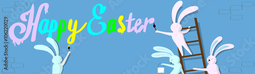 Rabbit Group Standing On Step Ladder Hold Brush Paint Happy Easter Wall Holiday Banner