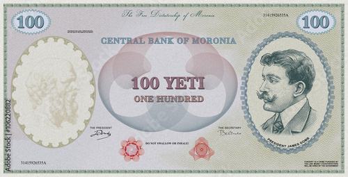 Fake 100 yeti note,  forged note of imaginary country and non existing currency