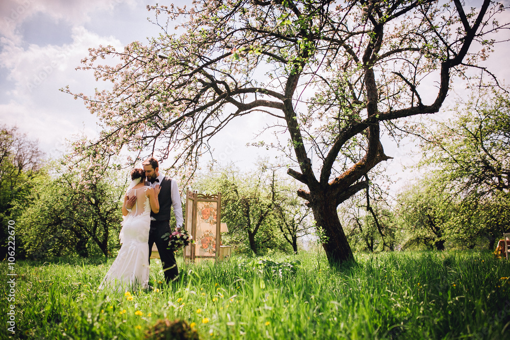 Elegant stylish groom lovely embraces with his happy gorgeous brunette bride on the background of trees in the park. Groom with beard Elegant stylish groom lovely embraces with his happy gorgeous brunette bride on the background of trees in the park. Groom with beard