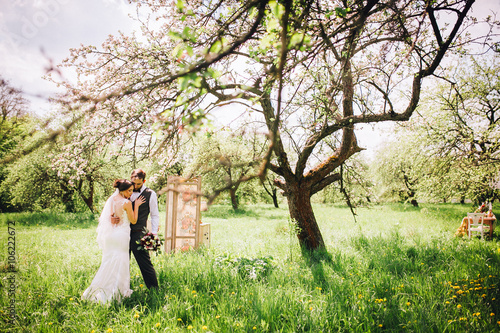 Elegant stylish groom lovely embraces with his happy gorgeous brunette bride on the background of trees in the park. Groom with beard © nataliakabliuk