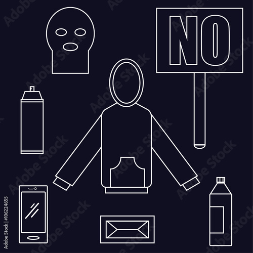 All you need to be a protester items laid out in a flat style include a hoodie, aerosol can, smartphone and placard