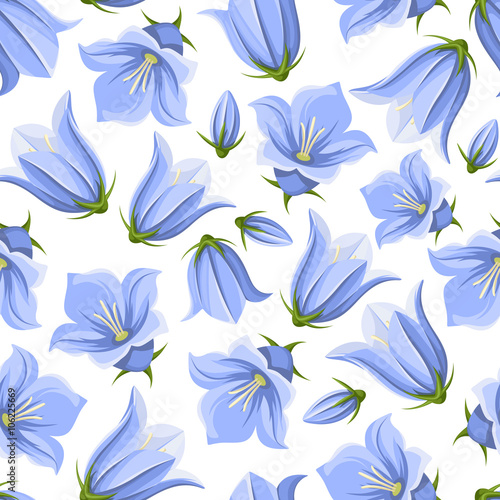 Vector seamless pattern with blue bluebell flowers isolated on a white background.