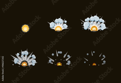 Sprite sheet for cartoon fog fire explosion, mobile, flash game effect animation. 8 frames on dark background.