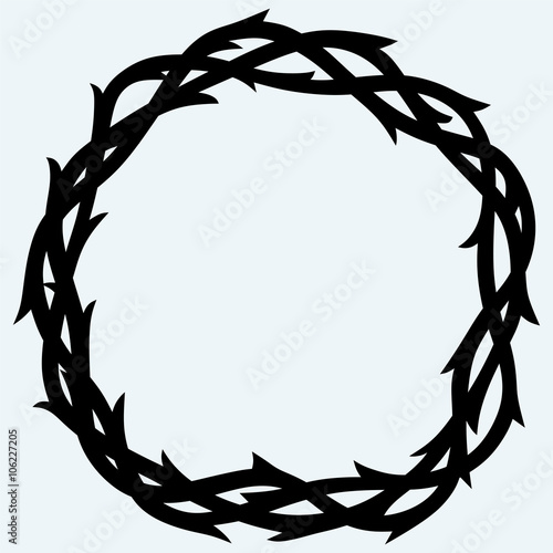 Crown of thorns black simple icon. Isolated on blue background. Vector silhouettes