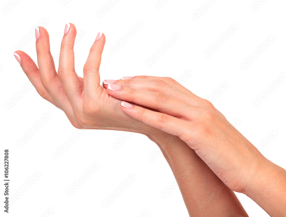 Female hands on a white background, isolated Female hands on a white background, isolated