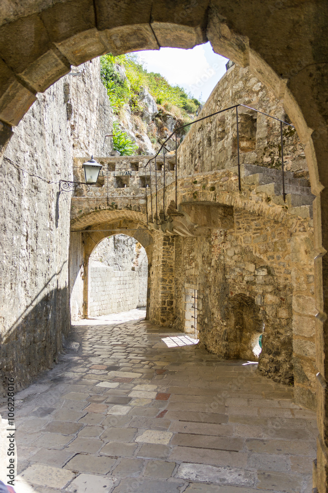 Narrow medieval streets of Old Town of Kotor.