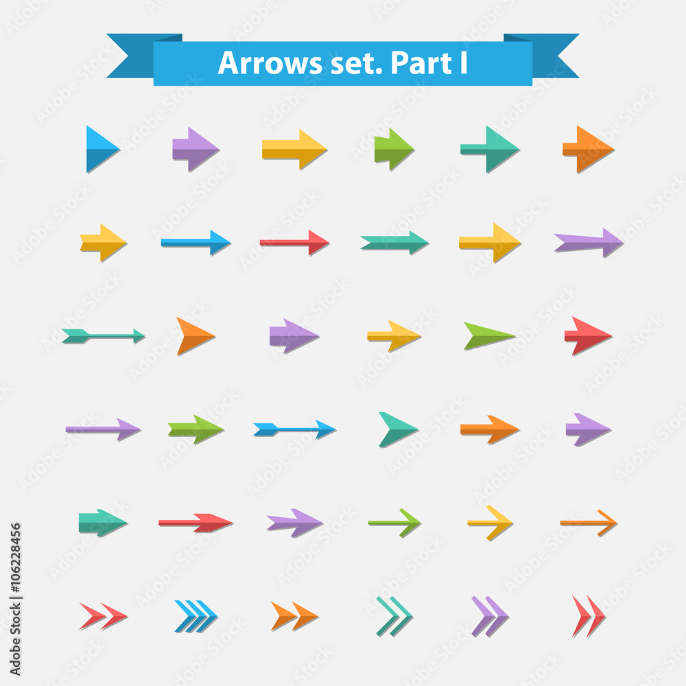 Big colorful icon arrows set in flat style.Light and shadow.Blue,green,purple,red colors.Arrow isolated on a white background. Big colorful icon arrows set in flat style.Light and shadow.Blue,green,purple,red colors.Arrow isolated on a white background.