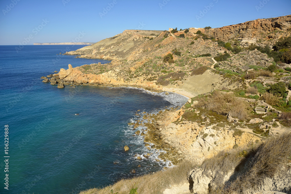 View over Fomm ir-Rih, most remote and difficult-to-reach bay of Malta, in winter.