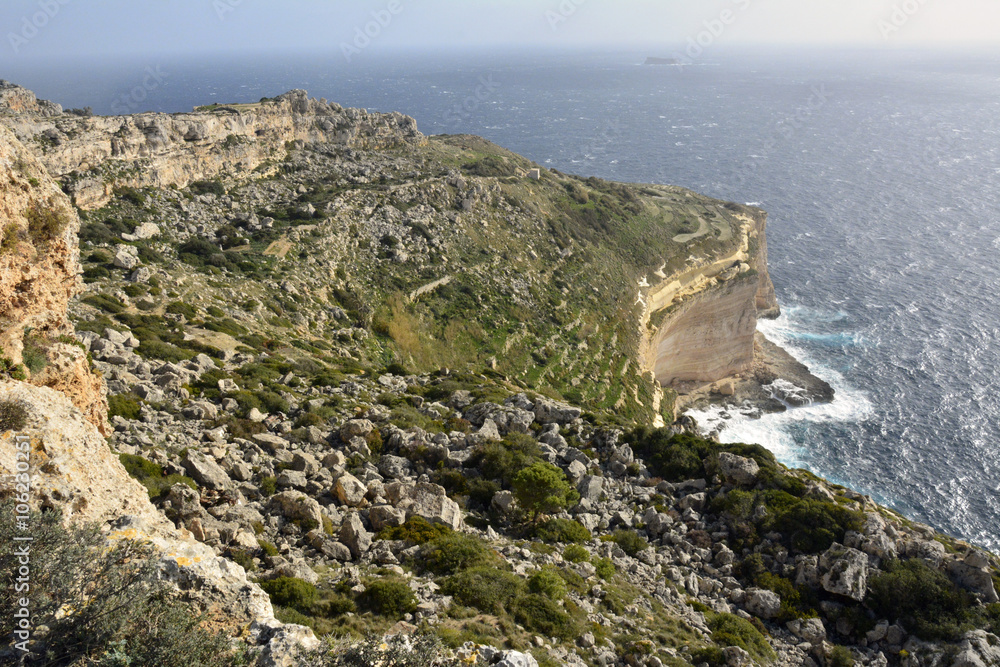 View from the top of Dingli Cliffs in Malta in winter. 