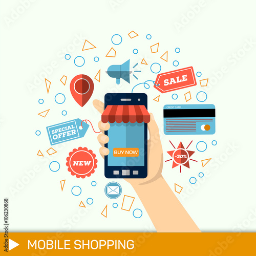 Hand with phone. Online shopping,  phone to buy. Mobile payments. 
