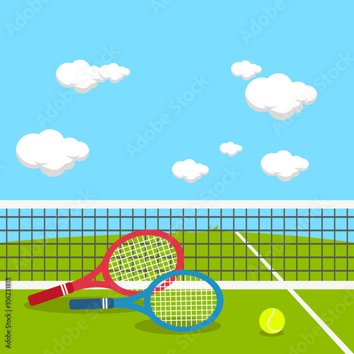 Tennis court with rackets and tennis ball. Vector illustration