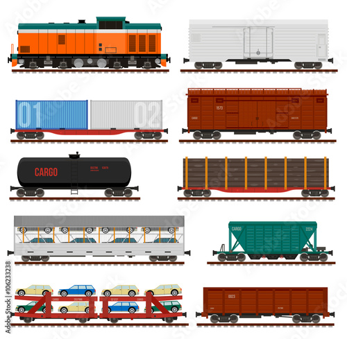 Vector set of Train Cargo Wagons, Tanks, Cars