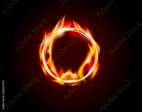 Abstract realistic fire ring dark background. Metal chrome shine round frame with flame on black. Vector burning glow golden cover.