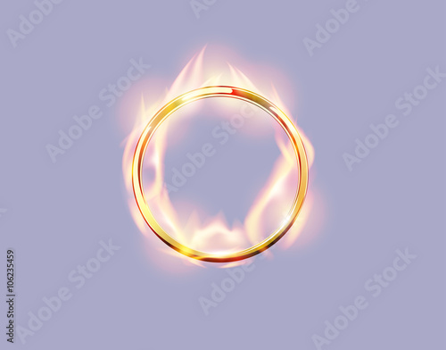 Burning ring on light background. Metal golden round frame with flame spurts. Vector fire glow golden cover.