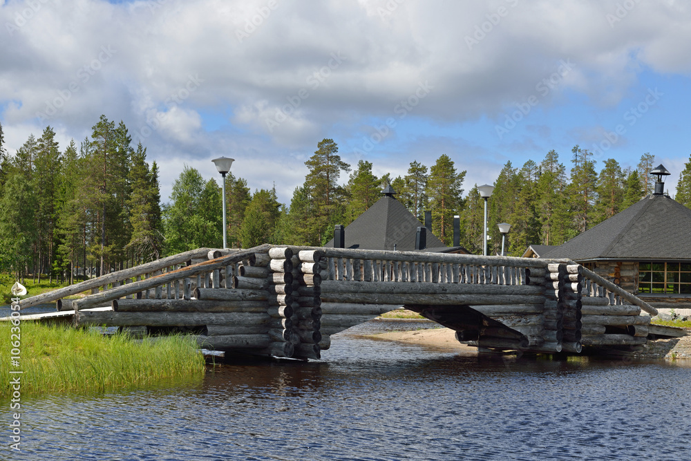 Log bridge over river north. Finland, Lapland
