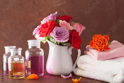 essential oil and rose flowers aromatherapy spa perfumery