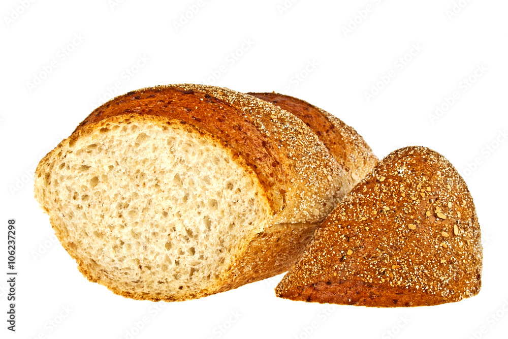 Buckwheat bread and slices on a white background Buckwheat bread and slices on a white background