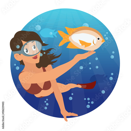 young girl snorkeling and watching the beautiful fish. woman has been diving in the sea. vector illustration.