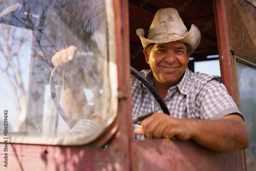 Portrait Happy Man Farmer Driving Tractor Looking At Camera Portrait Happy Man Farmer Driving Tractor Looking At Camera