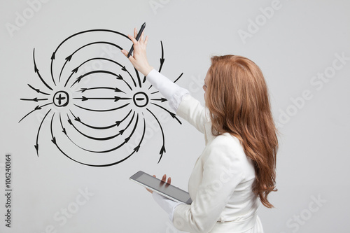Young woman, physics teacher draws a diagram of the electric field
