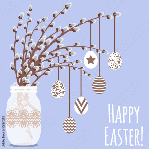 Vector illustration with vase, pussy willow and eggs